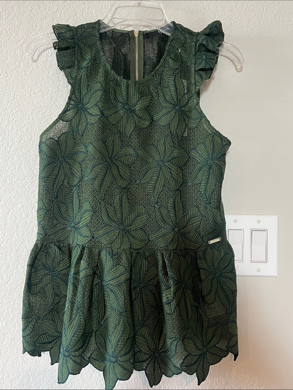Guess Dark Green Floral Eyelet Peplum Top- NWT
